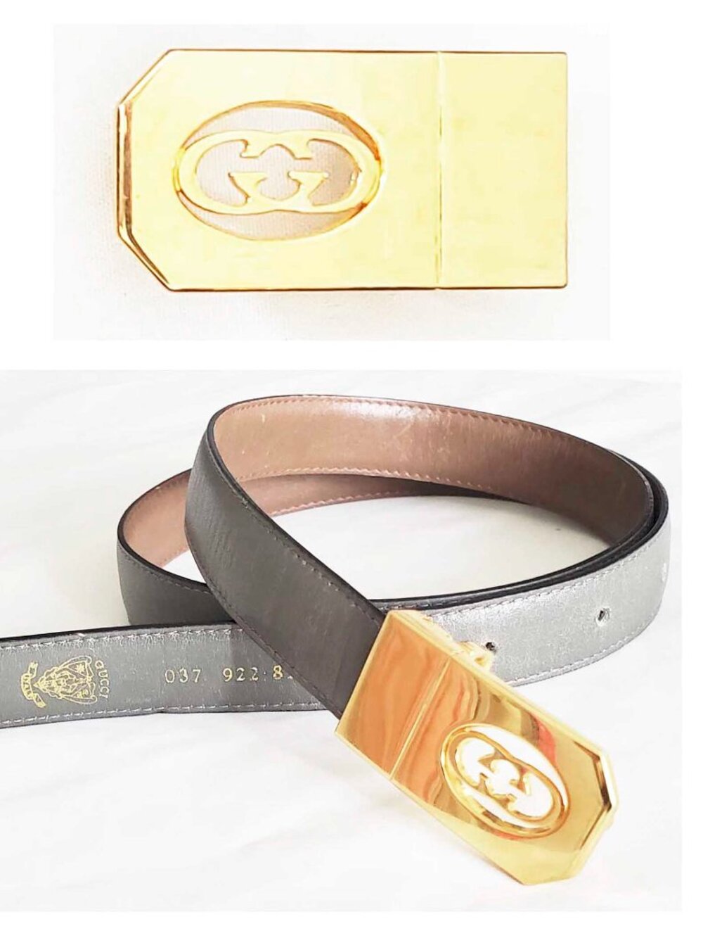 Gucci Vintage  SKINNY 2-Tone Brown Gray Leather Belt Gold GG Buckle REVERSABLE